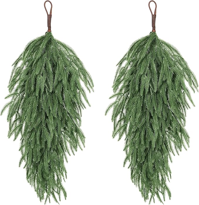 2 Pack 32" Extra Long Artificial Christmas Teardrop Swag - Faux Pine Needles Teardrop Door Swag, Xmas Norfolk Greenery Teardrop Wreath for Door Table Mantle Fireplace Indoor Outdoor Decor, Dark Green