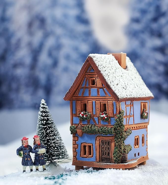 Ceramic Houses and Villages Collection - Handmade Christmas Village House Miniature of Historical House in Riquewihr, Alsace, France, Winter Edition - Cone Incense Holder R231