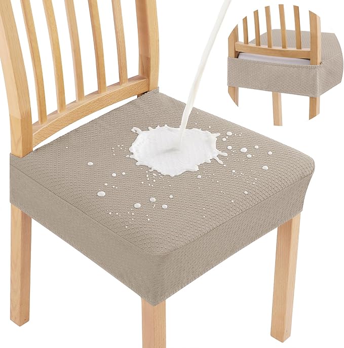 Smiry Waterproof Seat Covers for Dining Room Chairs Set of 8, Stretch Jacquard Removable Washable Chair Seat Slipcovers Protector, No Rear Covers, Taupe