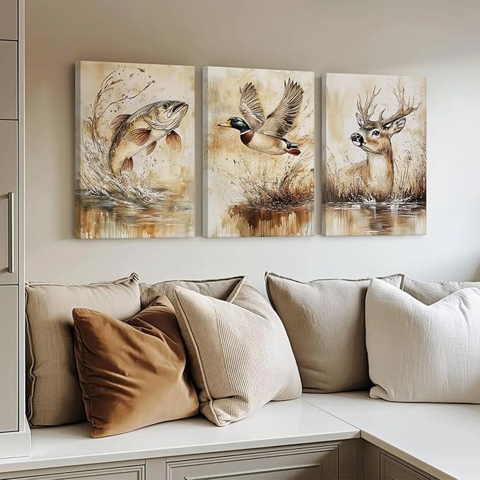 Vintage Animal Wall Art Baby Boy Room Canvas Wall Decor Farmhouse Animal Posters Kids Nursery Hunting Art Prints Rustic Deer Fish Pictures Mallard Duck Painting for Bedroom 16x24x3 Inch Ready to Hang