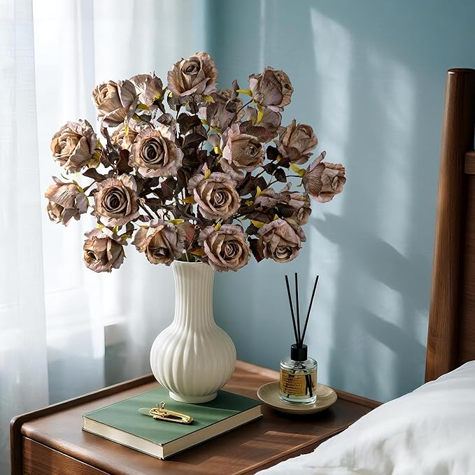 Artificial Flowers Artificial Roses Fake Roses 23.2In Long Stem Artificial Flowers for Tall Vase Silk Rose 20PCS Suitable for Indoor Decor Wedding Party Decoration DIY Bouquet Autumn (Brown)