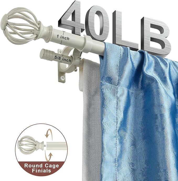 Antique White Double Curtain Rods for Window 36-72", Double Drapery Rods with Round Cage & Barrel Finials, Adjustable 1-Inch Front and 5/8 Inch Back Dual Curtain Rod