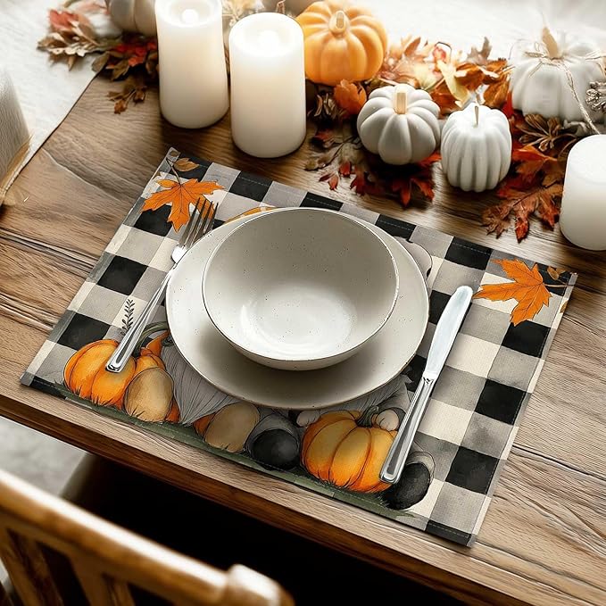 Double Side Set of 4 Gnome Fall Placemats Seasonal Autumn Maple Leaves Buffalo Plaid Table Mats for Indoor Outdoor Home Party Dining Decor Farmhouse Burlap Table Mats 12x18 Inch #WP014