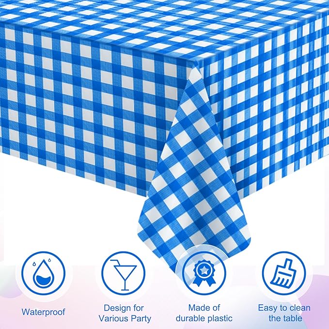 6Pcs Blue and White Gingham Tablecloth Decorations, Disposable Plastic Blue Checkered Tablecloth Buffalo Plaid Table Cover for Baby Shower Bridal Wedding Birthday Party Supplies,54 x 108 Inch