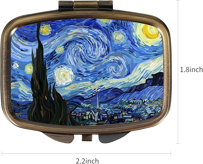 Dynippy Pill Case Pill Box with Mirror Retro Pocket 2 Compartment Medicine Case Vitamin Pill Organizer for Pocket Purse and Travel (A-Van Gogh The Starry Night)