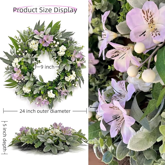 24 Inch Spring Wreaths for Front Door – Artificial Lamb Ear Leaf Wreath with White & Purple Flowers, Farmhouse Greenery Elegant Floral Wreath for Home Wall Decor, Durable Indoor Outdoor Use