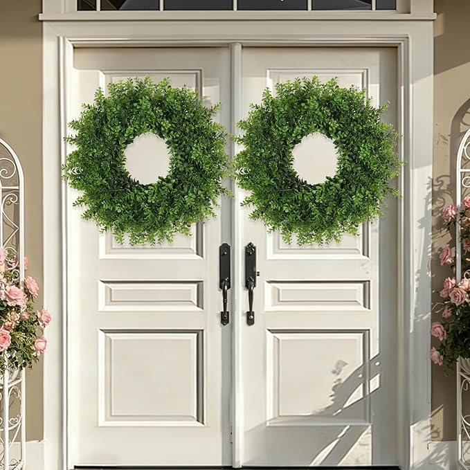 Boxwoods Wreaths for Front Door 26 Inch Large Artificial Green Leaves Greenery Indoor Outdoor Wreath Home Decor Porch Window Wall Farmhouse Door Decorations Spring Summer Fall All Seasons