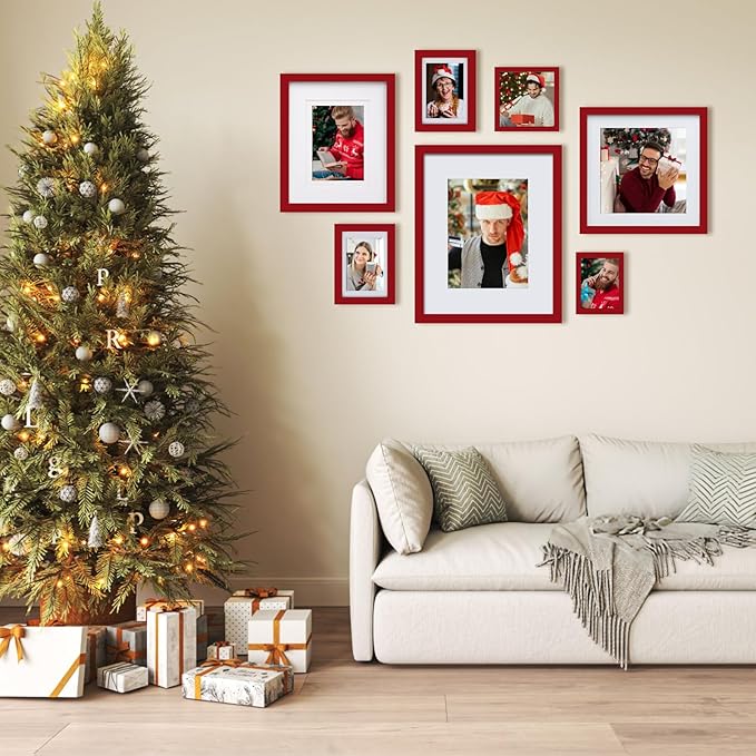 Egofine 11x14 Picture Frames 4 Pack Display Pictures 5x7/8x10 with Mat or 11x14 Without Mat Made of Solid Wood Covered by Plexiglass for Table Top Display and Wall Mounting Photo Frame, Cherry Red