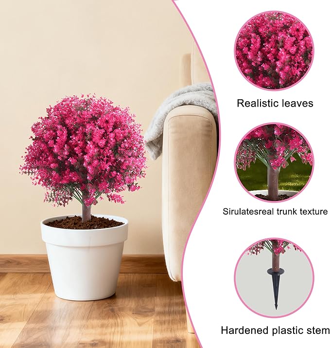 Set of 2 Artificial Boxwood Topiary Ball Trees, 23.6" Fake Tree with Ground Spike, UV Resistant Artificial Bushes, Fake Plants for Porch, Outdoors, Indoor, Garden and Patio (Pink)