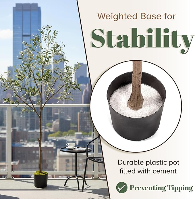 Olive Trees Artificial Indoor 6FT Tree with Rechargeable LED Spotlight, Decorative Moss & Weighted Pot – Tall Realistic Olive Plant for Home, Office, or Event Décor (6FT)