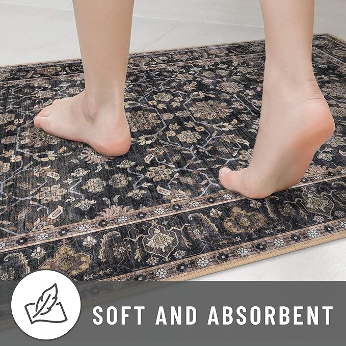 KUTA Vintage Floral Entryway Rug 2x3, Kitchen Rugs Non-Slip Washable Throw Rug, Brown Ultra Thin Soft Print Front Door Mat Indoor Doormat for Entrance, Bedside, or Small Spaces