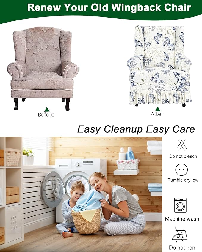 CRFATOP 2 Piece Stretch Wingback Chair Cover with Skirt Printed Wing Chair Slipcovers Spandex Fabric Wingback Armchair Covers with Cushion Slipcover for Living Room Bedroom Wingback Chair,C06