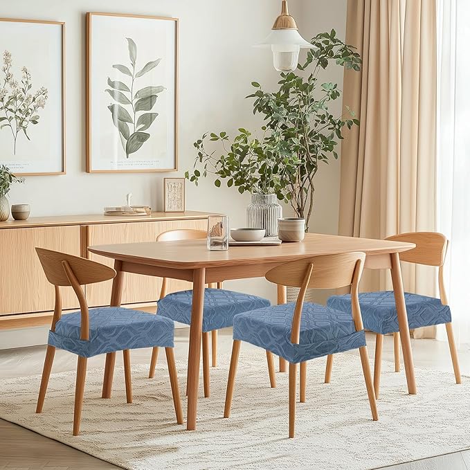 SearchI Stretch Dining Chair Seat Covers Set of 6, Soft Removable Washable Seat Covers for Dining Chairs, Dining Room Seat Cover Protector (Rear-Covered, Hexagon Blue)