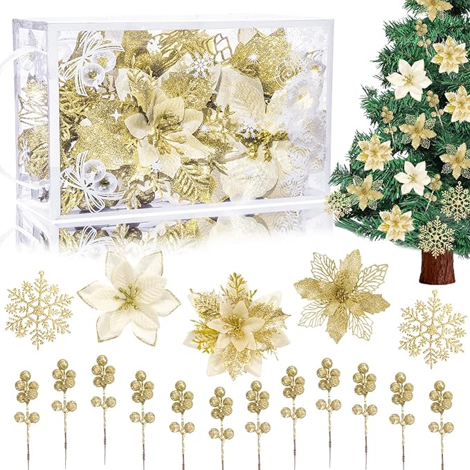 59PCS Gold Christmas Tree Decorations Set, Artificial Christmas Picks, Christmas Tree Filler, Ornaments, Artificial Poinsettia Flowers for Holiday Party Table Xmas Tree Decor