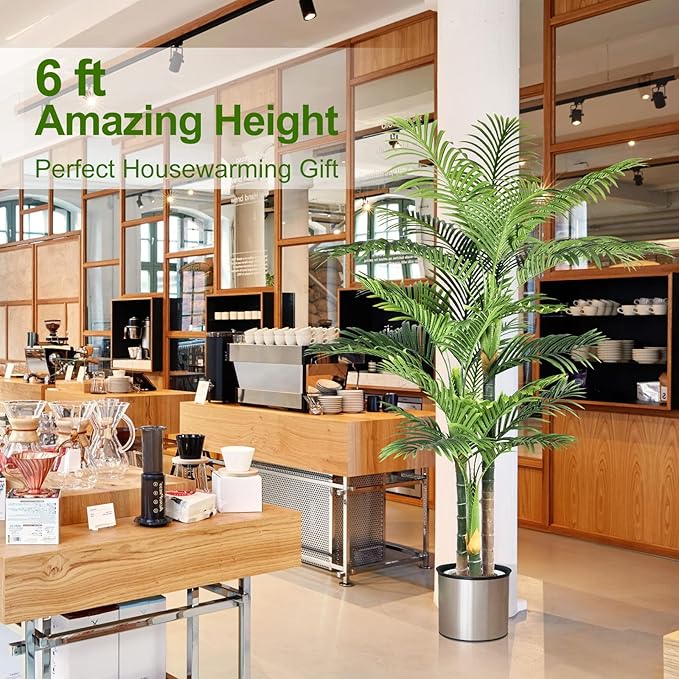 6ft Tall Triple Golden Cane Palm Artificial Tree Large Tropical Palm Tree UV Resistant Fake Plant in Pot for Indoor Outdoor Big House Living Room Outside Patio Office Home Decor 1Pack