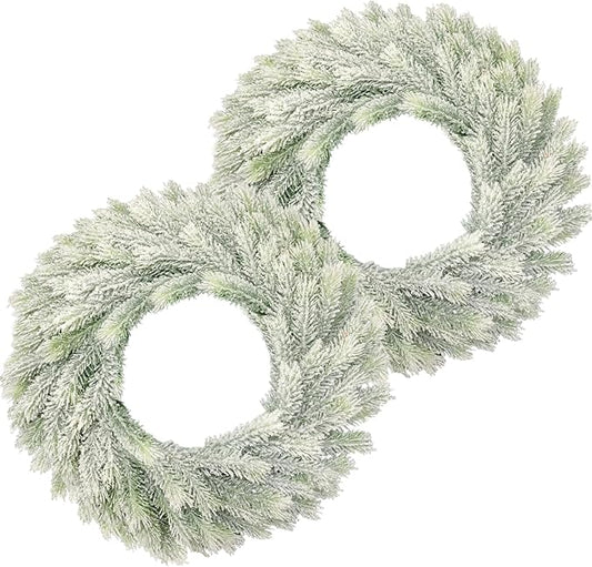 JIFTOK 2 Pack Christmas Ornaments Artificial Christmas Wreath 16.54 Inch, Frosted Christmas Green Pine Wreaths for Front Door, Indoor Outdoor Holiday Decor for Home, Mantel Christmas Decorations