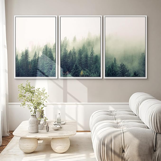 SIGNWIN 3 Piece Framed Canvas Wall Art Green Foggy Mountains Nature Wilderness Photography Abstract Rustic Aerial Canvas Prints Home Artwork Decoration for Living Room,Bedroom - 16"x24"x3 White