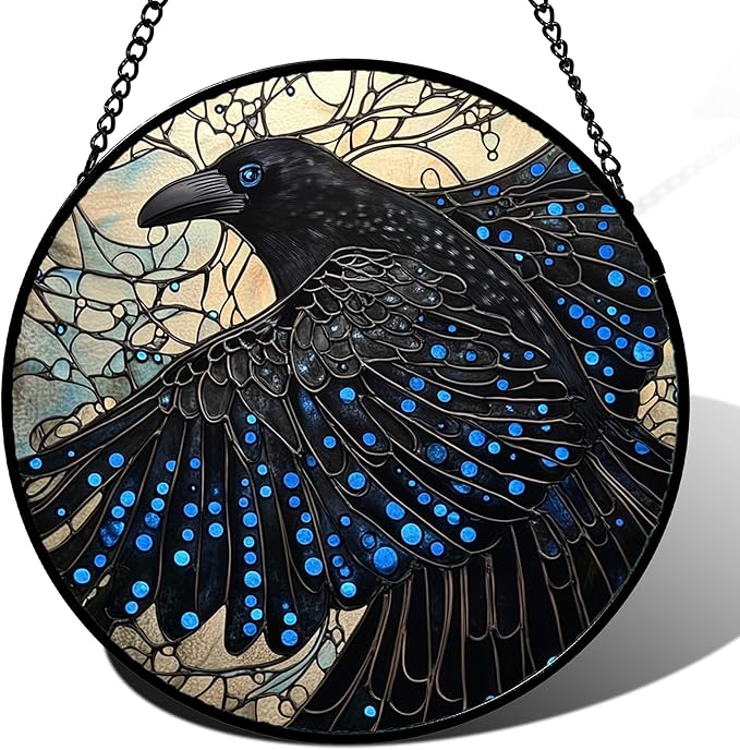 Stained Glass Window Hanging - Black Crow Big Wings Suncatcher for Doors Garden Patio Bird Sun Catchers Decor Christmas Mother's Day Birthday Gifts for Women Men Mom Nana Friend 6.3 in