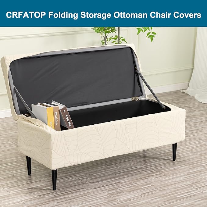 CRFATOP Waterproof Jacquard Ottoman Stool Cover Stretch Folding Storage Footstool Bench Slipcovers Upholstered Foot Chest Chair Covers Washable Entryway Furniture Protector with Elastic Bands,S,Cream