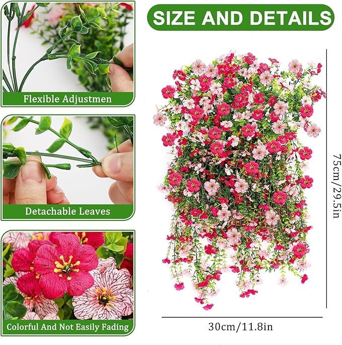 Artificial Flowers for Outdoors 6PCS，All Weather Fade Proof, UV Resistant Waterproof Realistic Faux Silk Mums Daisies Rose Red & Pink for Hanging Planters Porch Patio Balcony Deck Fence Garden Decor