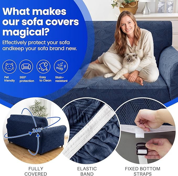 YEMYHOM 1 Piece Stretch Couch Covers for 3 Cushion Couch, Jacquard Sofa Cover with Non-Slip Elastic Bottom, Thickened Slipcover Furniture Protector for Dogs Pets (Large, Navy）