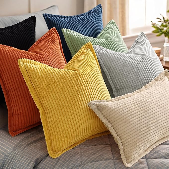 decorUhome Corduroy Mustard Yellow Throw Pillow Covers 22x22 Set of 2 Decorative Soft Boho Farmhouse Euro Couch Pillow Covers for Living Room Bed Sofa Broadside Striped Pillow Cases