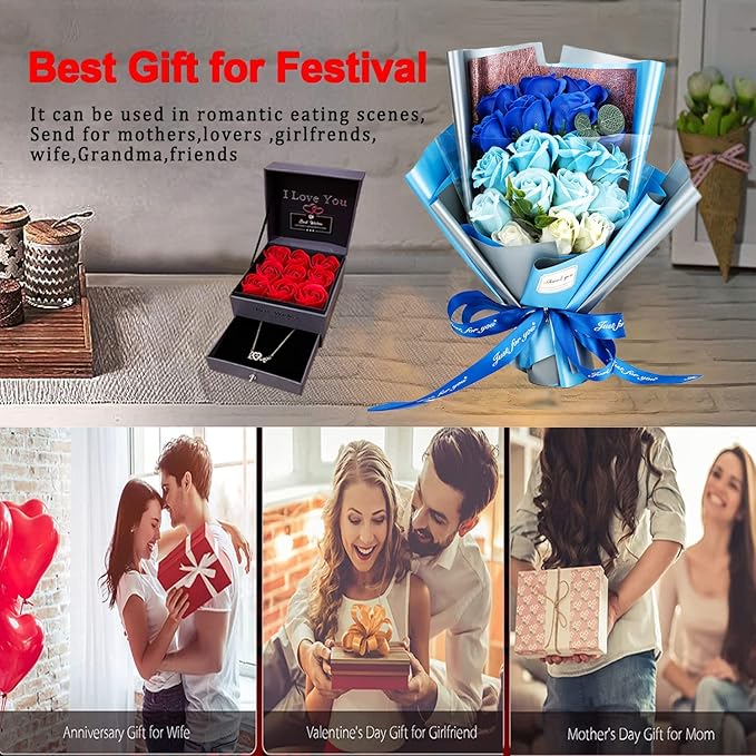 EIGHTOWN Roses Bouquet Artificial Flower - Preserved Blue Rose Flowers with Love Necklace for Her - Unique Gifts Valentine's Day, Mother's Day, Thanksgiving, Birthday, Anniversary