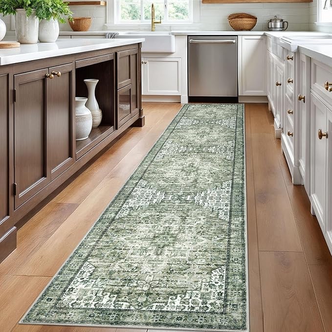 2.6x12 Washable Rug for Entryway, Green Soft Printed Area Rug, Non-Slip Kitchen Rugs, Low-Pile Medallion Indoor Door Mat, Small Farmhouse Carpet for Entrance Kitchen Foyer Bedside
