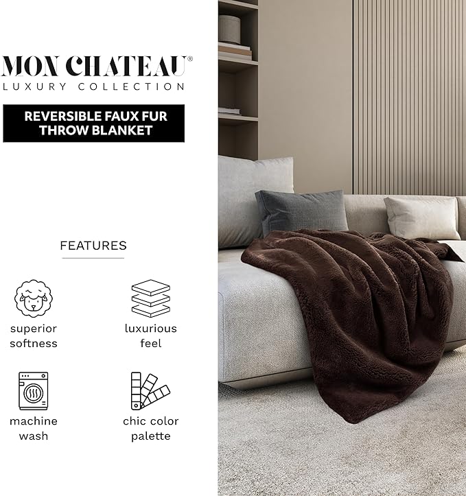 Mon Chateau 60" x 70" Hearthside Faux Fur Throw Blanket, Reversible Soft Blanket for Queen-Size Bed, Couch, or Sofa, Cozy Home Decor and Stylish Living Room Comfort, Winter Cream (Chestnut)