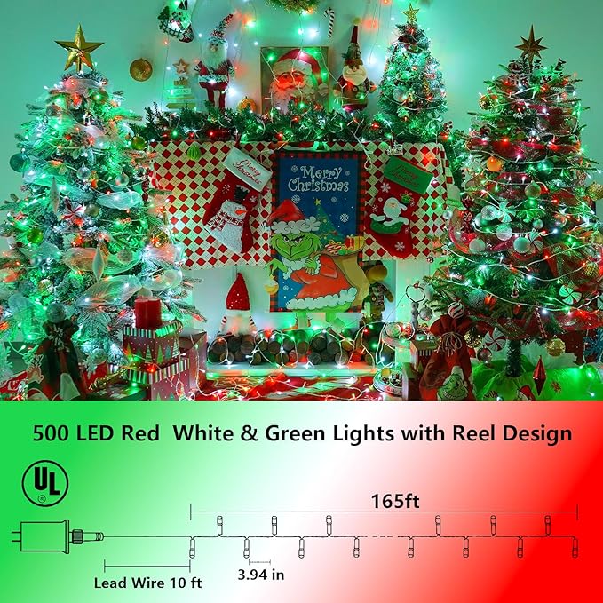 YEGUO 165ft 500 LED Christmas Lights Outdoor Waterproof, Clear Wire String Lights Indoor Plug in, 8 Modes Clear Wire Twinkle Tree Light for Xmas Party Garden(Red White and Green)