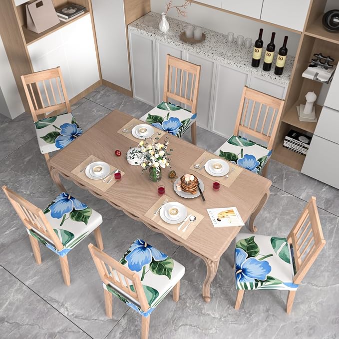 Stretch Dining Chair Seat Covers Set of 6,Dining Chair Slipcovers, Floral Printed Chair Covers,Soft Fabric Washable Upholstered Chair Seat Protector, No Rear Covers for Home Kitchen Dining Room