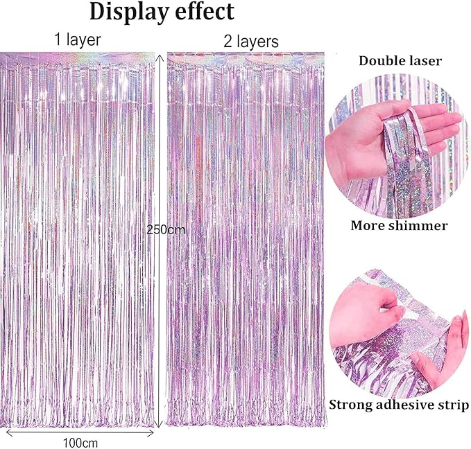 BRAVESHINE Pink Blue Tinsel Foil Fringe Curtains - 2Pcs 3.2x8.2ft Holidays Photo Streamers Backdrop for Christmas/Mermaid/Princess/Easter/Girl or Boy Birthdays/Bridal Shower Party Supplies Decorations