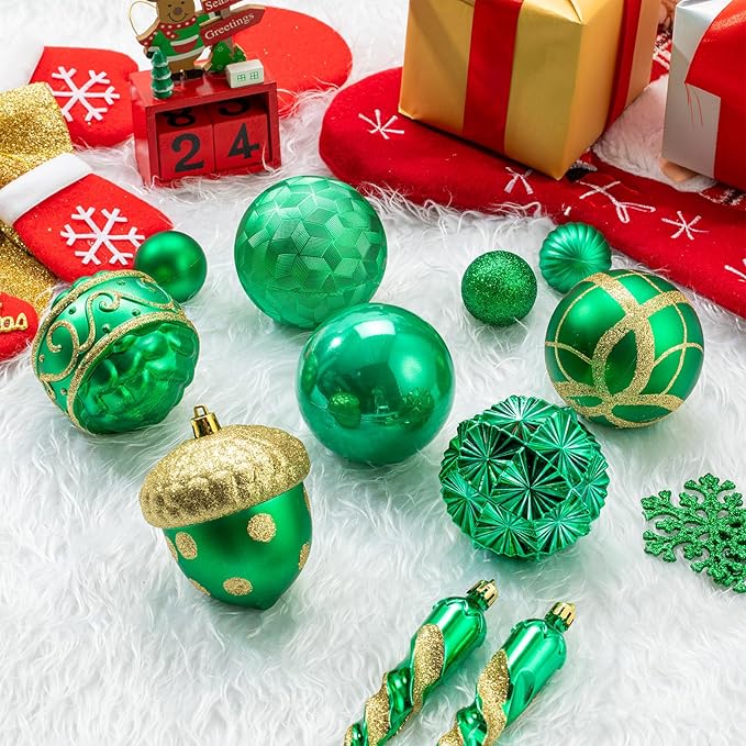 Fuovt 62pcs Christmas Balls Ornaments Set - 3.15" Big Christmas Balls - Shatterproof Plastic Decorative Baubles for Xmas Tree Decor Holiday, Wedding, Party Decoration (Green)