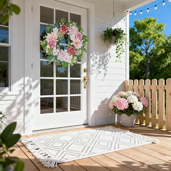 24 Inch Spring Wreath for Front Door with Roses Dahlias Silk Flowers with Berry Greenery for All Seasons Indoor Outdoor Porch Wedding Wall Farmhouse Porch Wall Living Room Home Widding Decor
