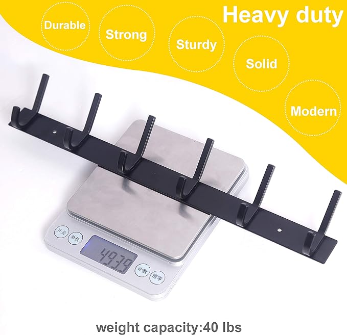 WEBI Coat Rack Wall Mounted,17-1/8 Inch Coat Hooks for Hanging Coats,Heavy Duty Metal Hook Rack Rail with 6 Double Dual Hooks Coat Hanger Wall Mount for Clothes Jacket,Black,2 Packs