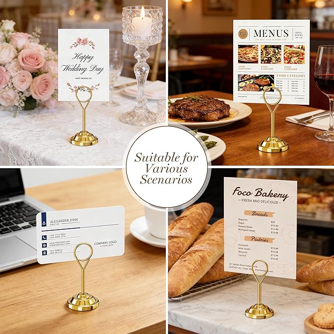 Urban Deco 16 Pieces Table Card Holder Place Card Holders 4 inches Steel Card Holders for Photos, Food Signs, Memo Notes, Weddings, Restaurants, Birthdays (Gold Round)