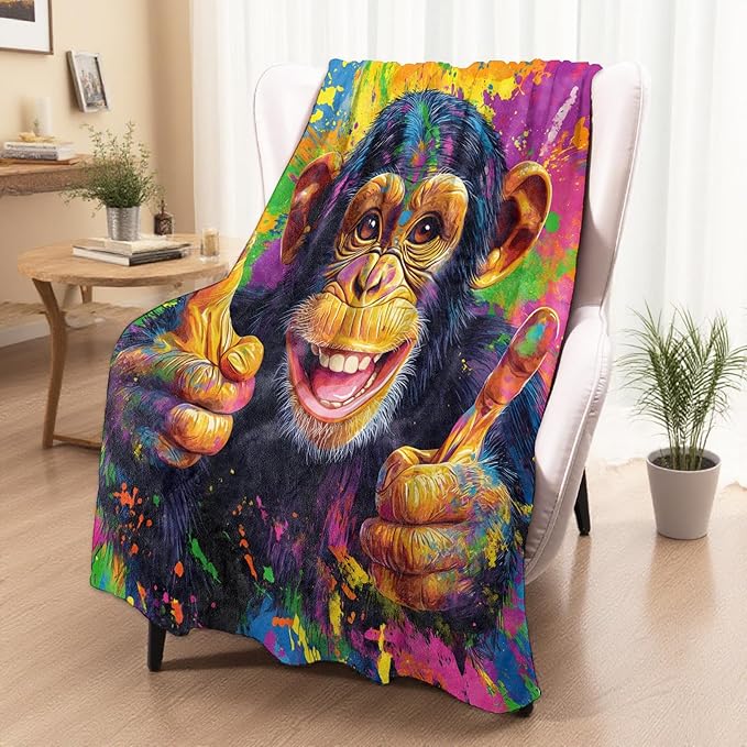 Funky Chimpanzee Blanket, Cozy Plush Chimp Throw Blanket for Couch Bedroom Outdoor, Lightweight Soft Flannel Travel Blankets, Gifts for Women Adults Kids, Warm Decor 60"×80"
