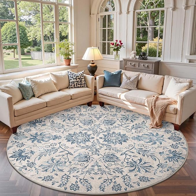 jinchan Torino Classic Floral Round Rug 8ft, Vintage-Inspired Design 8’Circle Rug, Machine Washable Ultra-Thin Low-Pile Non-Slip Indoor Carpet for Bedroom Dining Room Living Room, Dark Blue