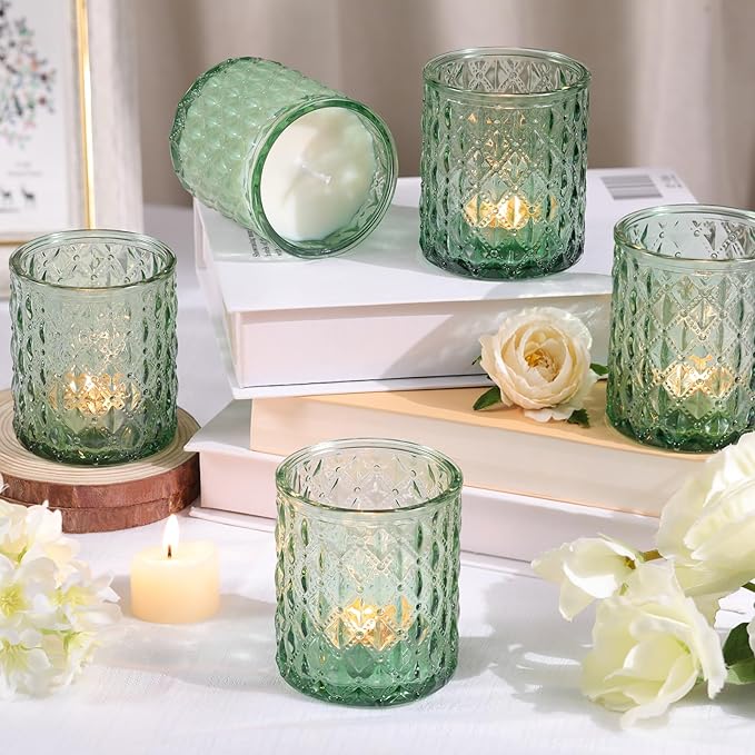 8Pcs Large Votive Candle Holders Green Tea Light Candle Holders Glass Candle Holder for Wedding, Bridal Shower, Table Centerpiece, Party, Home Decor