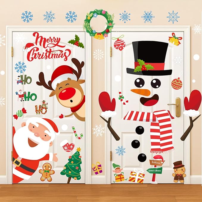 YQUQWN Large 80PCS Christmas Door Decorations Removable Wall Decals with Snowman Santa Reindeer Merry Christmas Wall Stickers for Front Door Decor Decorations Holiday Party Supplies