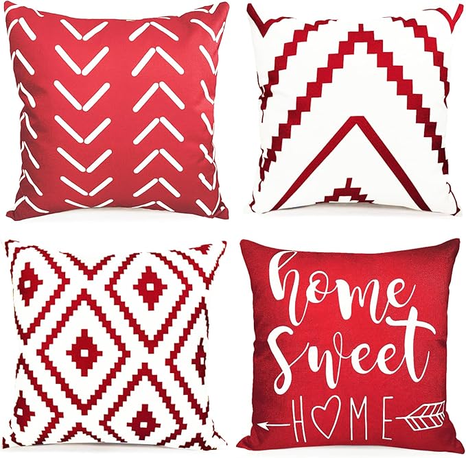 Decorative Throw Pillow Covers 16x16 inch Set of 4 Wine Red Pillow Covers for Couch Sofa Bed Living Room,Farmhouse Outdoor Throw Pillow Cover,Modern Geometric Linen Square Throw Pillow Cases