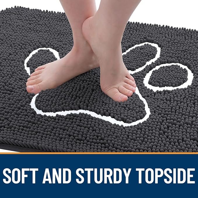 OLANLY Dog Door Mat for Muddy Paws 70x24, Paw Print Design, Absorbs Moisture and Dirt, Absorbent Non-Slip Washable Doormat, Quick Dry Chenille Mud Mat for Dogs, Entry Indoor Entryway Carpet, Dark Grey