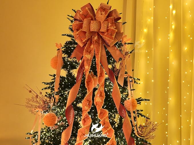 HUIHUANG Pink Christmas Tree Topper Bow 13 inch x 45 inch Large Christmas Bows Pink and White Snowflake Velvet Bows for Christmas Tree Ornament, Wreaths, Staircase, Mantel, Home Decor