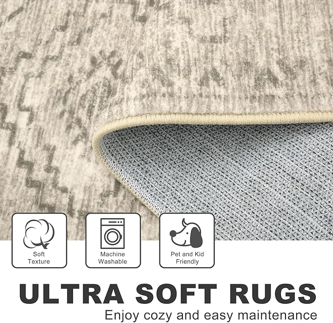 KILOCOCO Hallway Runner Rug 2'x8' Runners for Hallways Washable Runner Rug Non Slip Rubber Backed Low-Pile Runners for Bedroom Kitchen Living Room Laundry Room Boho Rugs, Beige/Gray/Green