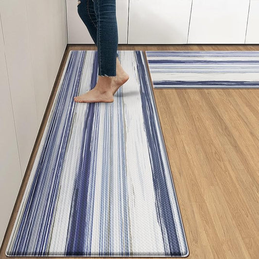 Arttown Blue Anti-Fatigue Kitchen Rug Set of 2 Stripe Cushioned Floor Standing Mat Waterproof Non-Slip Mat and PVC Ergonomic Comfort Foam Rug