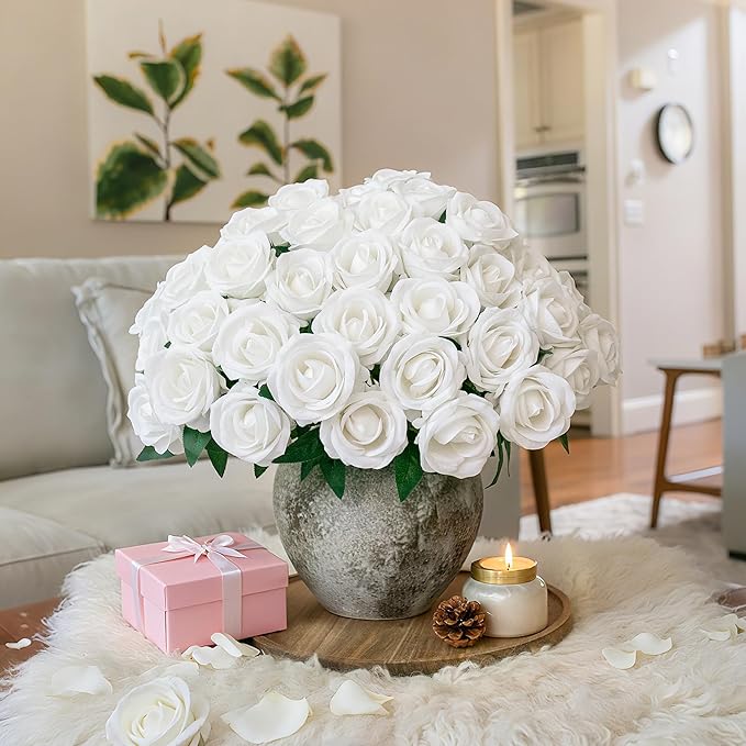 HyeFlora 50 PCS White Roses Artificial Flowers, Fake Roses with Stems Realistic Silk Roses for DIY Wedding Bouquets Tables Centerpieces Arrangements Party Baby Shower Birthday Home Decor Gift for Her