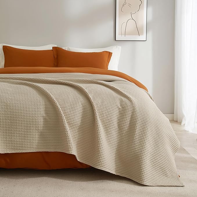 PHF 100% Cotton Waffle Weave Blanket Queen Size for Bed,Snag Proof Lightweight Breathable Throw for Couch,Great for Layering in Cold Weather,Machine Washable, Home Decor Gift-Khaki/Simply Taupe