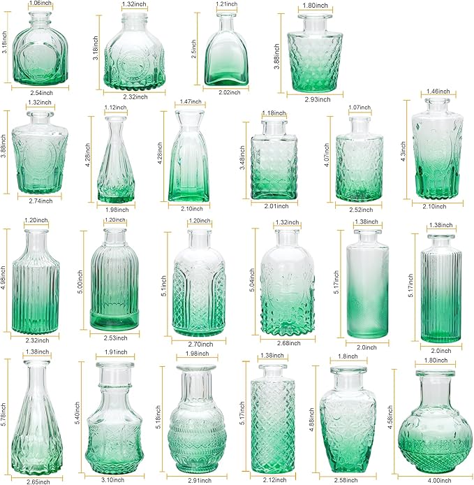 Brajttt Bud Vase Set of 25, Green Vases, Glass Bud Vases in Bulk, Small Vases for Mini Flower Vase Set, Cute Vintage Glass Vases Set for Flower,Wedding,Home,Centerpiece Table Decorations
