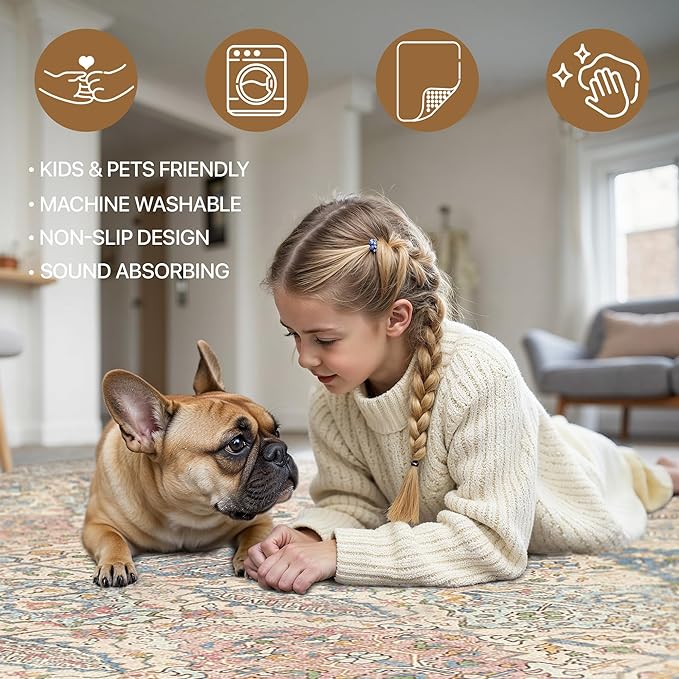 GENIMO 8x10 Area Rugs for Living Room, Machine Washable Non Slip Vintage Rugs, Low Pile Lightweight Chenille Print Rug for Bedroom, Dining Room, Home Office, Beige Cream