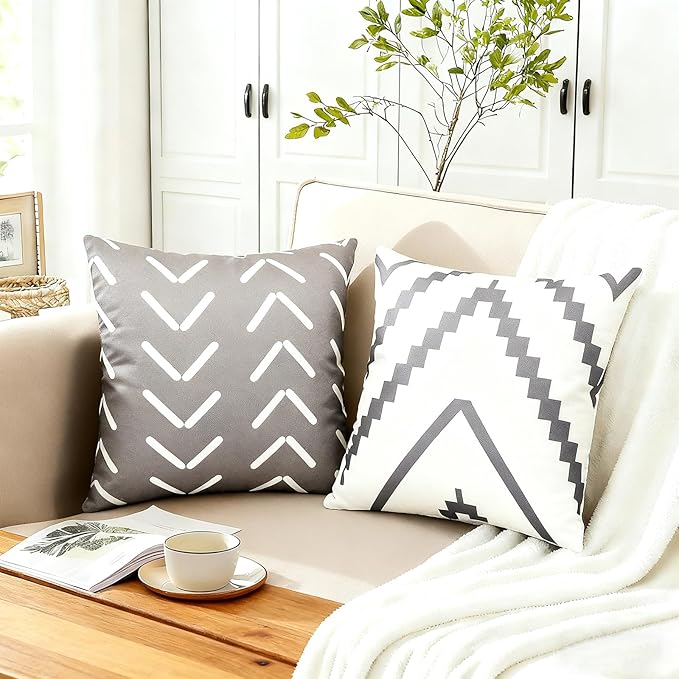 Decorative Throw Pillow Covers 20x20 inch Set of 4 Gray Pillow Covers for Couch Sofa Bed Living Room,Farmhouse Outdoor Throw Pillow Cover,Modern Geometric Linen Square Throw Pillow Case,Grey